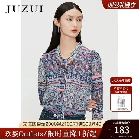 JUZUI玖姿奥莱春秋新款紫色异域度假风优雅浪漫女人味系带雪纺衫商品大图