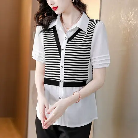短袖衬衫女夏季2023新款拼接宽松显瘦设计感小众雪纺假两件衬衣女图片