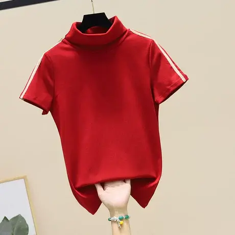 半高领短袖打底衫女黑色t恤春秋百搭气质修身薄款棉质内搭上衣T恤图片