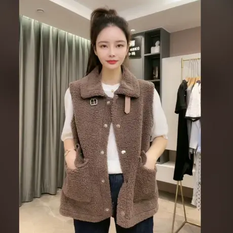 韩版2023秋季新款仿羊羔毛马甲女短款学生皮毛一体马夹洋气外套潮商品大图