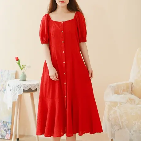 胖妹妹夏季2023新品法式方领短袖连衣裙 加大码棉质复古显瘦长裙商品大图