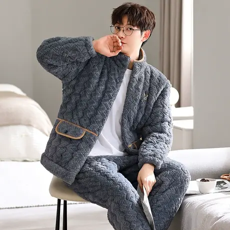 猫人珊瑚绒男士睡衣冬季款珊瑚绒三层夹棉加绒加厚保暖家居服套装图片