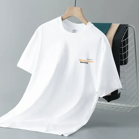 重磅男士短袖t恤潮牌纯棉圆领白色上衣服潮流夏季全棉半袖体恤衫商品大图