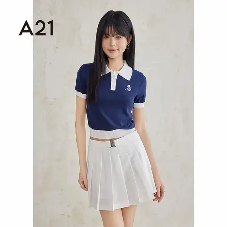A21女装半开筒套头短袖夏季美式撞色显瘦短款POLO衫图片