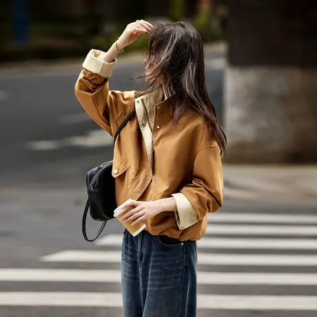 时尚气质外套新款女立领休闲百搭宽松通勤短款上衣图片
