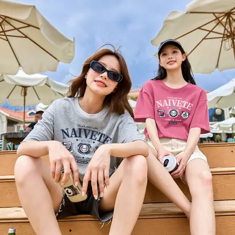唐狮新款短袖T恤女美式复古印花夏季纯棉宽松设计感上衣商品大图