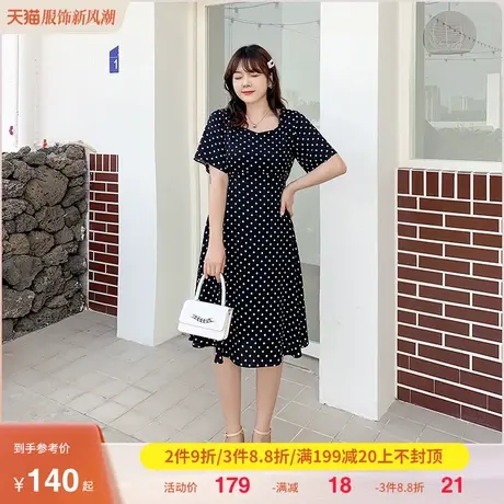 2023夏季新款法式方领显瘦雪纺波点中长款遮腹大码胖MM连衣裙茶歇商品大图