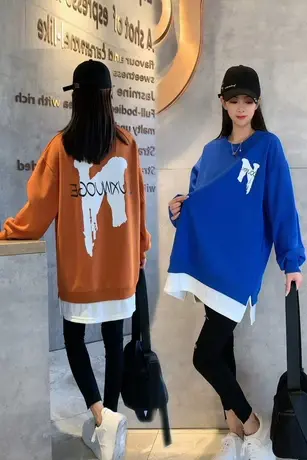 质感发泡N字圆领卫衣女2023春秋新款百搭宽松假两件白边上衣潮款商品大图