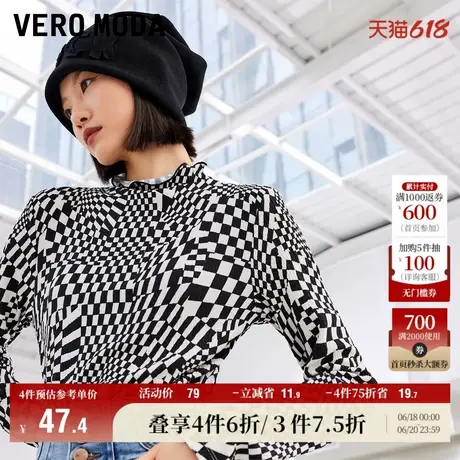Vero Moda奥莱T恤春秋新款格纹半高领木耳边打底弹力长袖女上衣商品大图