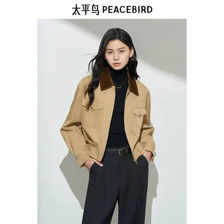 太平鸟狩猎装夹克女翻领短外套短款显瘦秋装新款翻领驼色外套图片