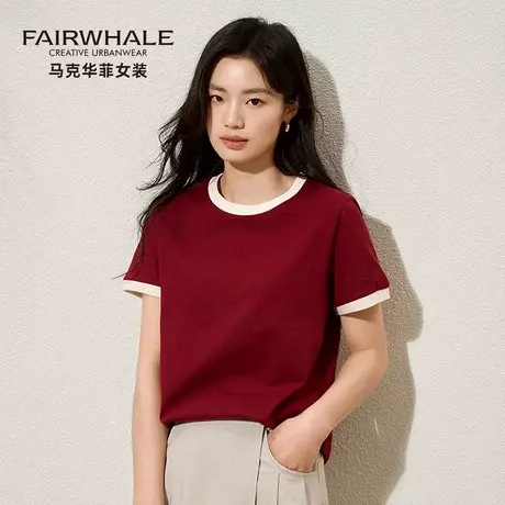 马克华菲女装圆领撞色纯棉短袖T恤女春夏新款休闲宽松百搭打底衫图片