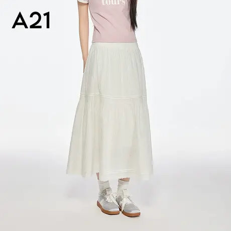 A21女装米白高腰宽松半身裙2025夏季新款韩系风A字长裙图片