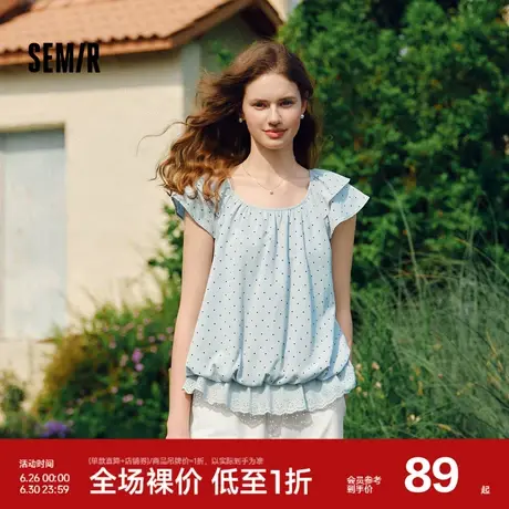 森马短袖衬衫女短款U领拼接波点绣花2025夏新款飞袖花苞上衣甜美图片