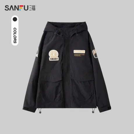 三福2023秋男士袖子章仔连帽夹克 街头潮流宽松外套男476483商品大图