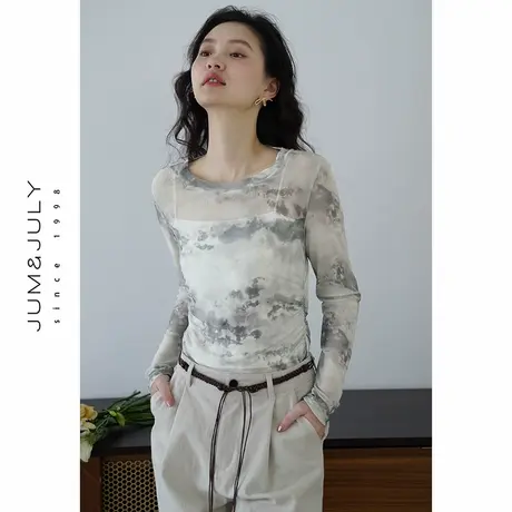 嘉茱莉2025春季新款晕染长袖T恤女薄纱短款上衣设计感打底衫薄款图片