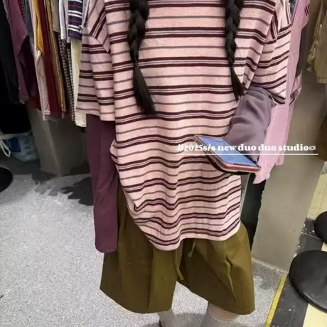 拼色袖假两件条纹圆领早秋长袖上衣女设计感休闲风宽松百搭T恤女商品大图