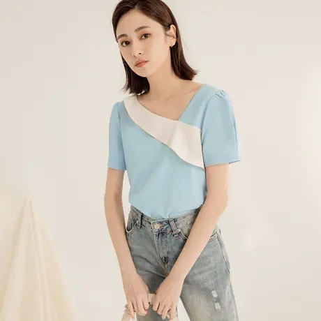 桔熊夏季通勤设计感舒适撞色荷叶领拼接短袖上衣女装大码AB18455图片