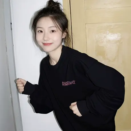 黑色圆领卫衣女早秋季薄款2025新款爆款长袖无帽加绒女士秋冬上衣商品大图