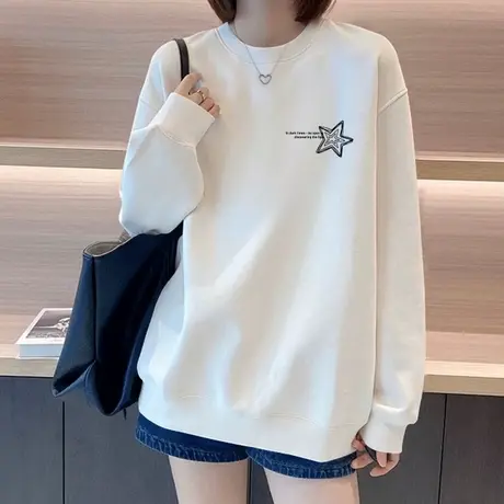 白色圆领卫衣女装早秋季薄款2025新款宽松慵懒风重磅无帽上衣外套商品大图