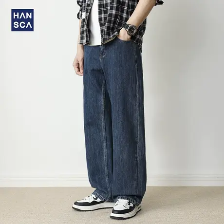 hansca直筒阔腿宽松深蓝色牛仔裤男秋休闲时尚青少年美式复古长裤商品大图