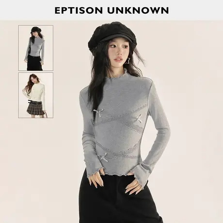 EPTISON针织打底衫女2025冬季新款短款修身蝴蝶结设计小个子上衣图片