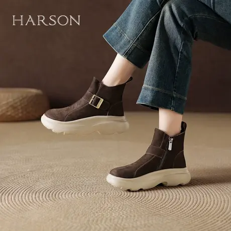 哈森复古时尚休闲厚底休闲鞋2025冬季新款加绒保暖真皮小皮鞋单鞋商品大图