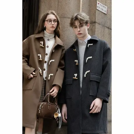 唐狮秋冬季中长款毛呢外套加厚情侣款翻领简约风仿牛角扣时尚TMTA商品大图