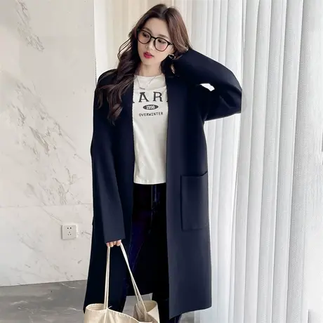唐狮极简文艺氛围中长款开衫外套女新款春季黑色百搭毛衣qdTD商品大图