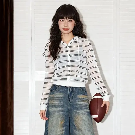 唐狮官方条纹外套女2026新款春夏款短款开衫轻薄帽衫小个子上衣VC图片