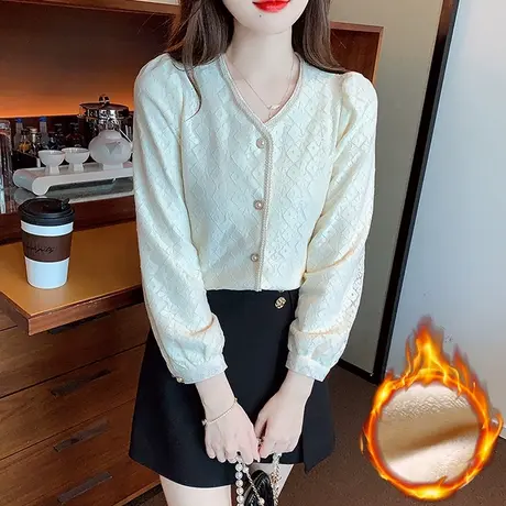 V领长袖加绒加厚蕾丝打底衫女2023冬季新款洋气高级感小众衬衫女商品大图