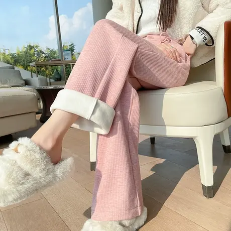 粉色仿羊绒阔腿裤女秋冬款加绒加厚高腰宽松窄版雪尼尔休闲直筒裤图片