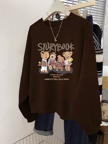 圆领套头卫衣女冬2023新款咖色显瘦上衣ins潮慵懒风大码加绒外套商品大图