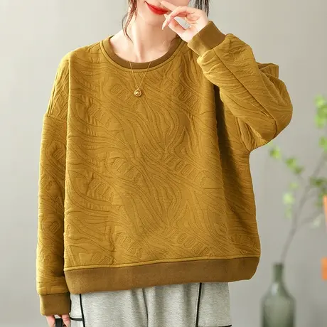 dza 复古宽松圆领纯棉加绒卫衣女士秋冬洋气内搭打底休闲短款上衣商品大图