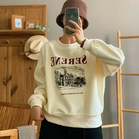 dza 复古印花圆领套头加绒卫衣女2023冬新款宽松休闲长袖上衣外套图片