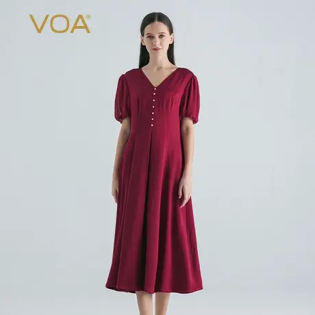 VOA桑蚕丝双面缎酒红色V领灯笼袖系带装饰珍珠淑女公主真丝长裙图片