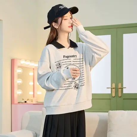 唐狮2023秋冬新款女卫衣polo领宽松简约美式复古外套小个子11.20商品大图