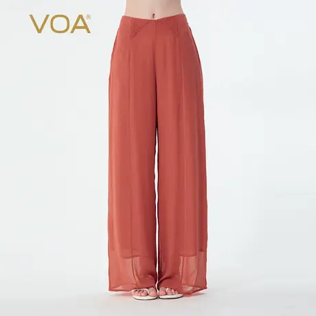 VOA真丝乔其锈红自然腰后腰松紧侧插口袋轻盈透气简约百搭直筒裤商品大图