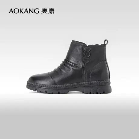 奥康女鞋 冬季新款妈妈棉靴真皮靴子加绒保暖时装靴平底舒适商品大图