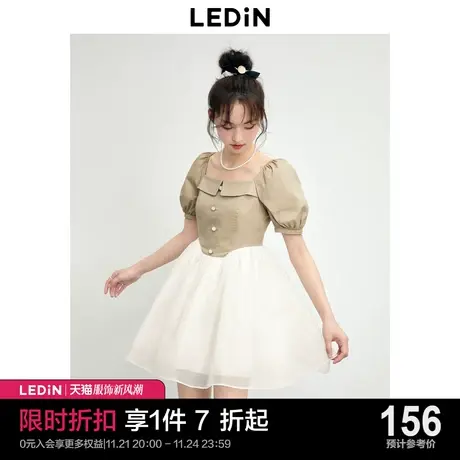 乐町卡其色拼接公主裙2023年夏季新款女装工装风甜酷网纱连衣裙商品大图