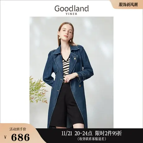 [赫本猫联名]Goodland美地女装2023春季双排扣翻领牛仔风衣商品大图