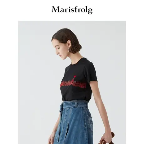 Marisfrolg玛丝菲尔莫代尔夏新款黑色圆领短袖T恤上衣女商品大图
