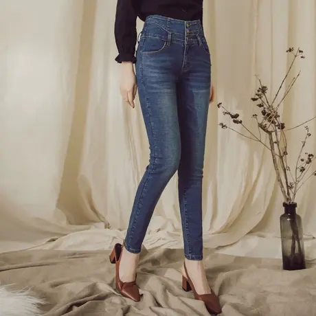 桔熊高腰收腹牛仔长裤子女装抓纹弹力深色单排扣小脚裤大码BA4629图片