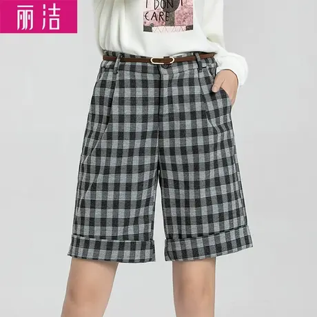 丽洁英伦格子裤新款毛呢短裤女秋冬季高腰阔腿短裤外穿五分裤靴裤商品大图