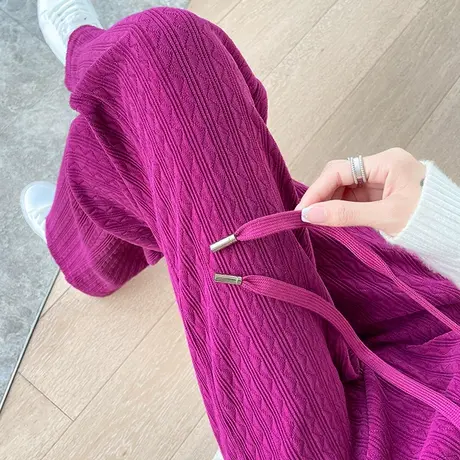 火龙果色阔腿裤女春秋新款宽松高腰显瘦垂感拖地抽绳运动休闲长裤商品大图