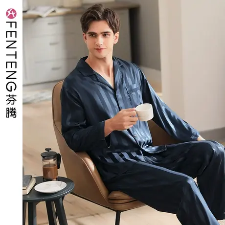 芬腾长袖睡衣男士春秋季仿真丝绸秋款开衫冰丝大码男款家居服男式商品大图