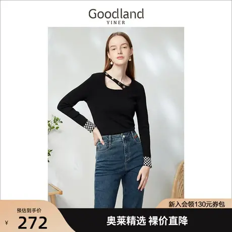 音儿美地女装2023春季新款不规格单斜领设计感撞色袖口针织衫商品大图