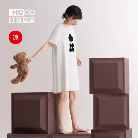 凉感纯棉睡裙女夏季红豆居家夏天大码宽松外穿家居服短袖睡衣裙薄商品大图