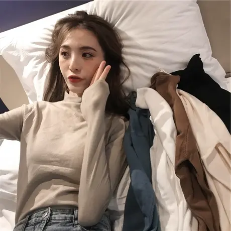 半高领长袖t恤打底衫女2023洋气秋冬时尚学生韩版百搭时尚上衣潮图片