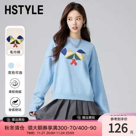 韩都衣舍休闲百搭绣花毛衣2024春季新款女老钱风毛针织衫HDK7011商品大图