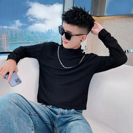 纯色卫衣春秋款青少年小众设计感长袖T恤打底衫高领宽松休闲上衣商品大图